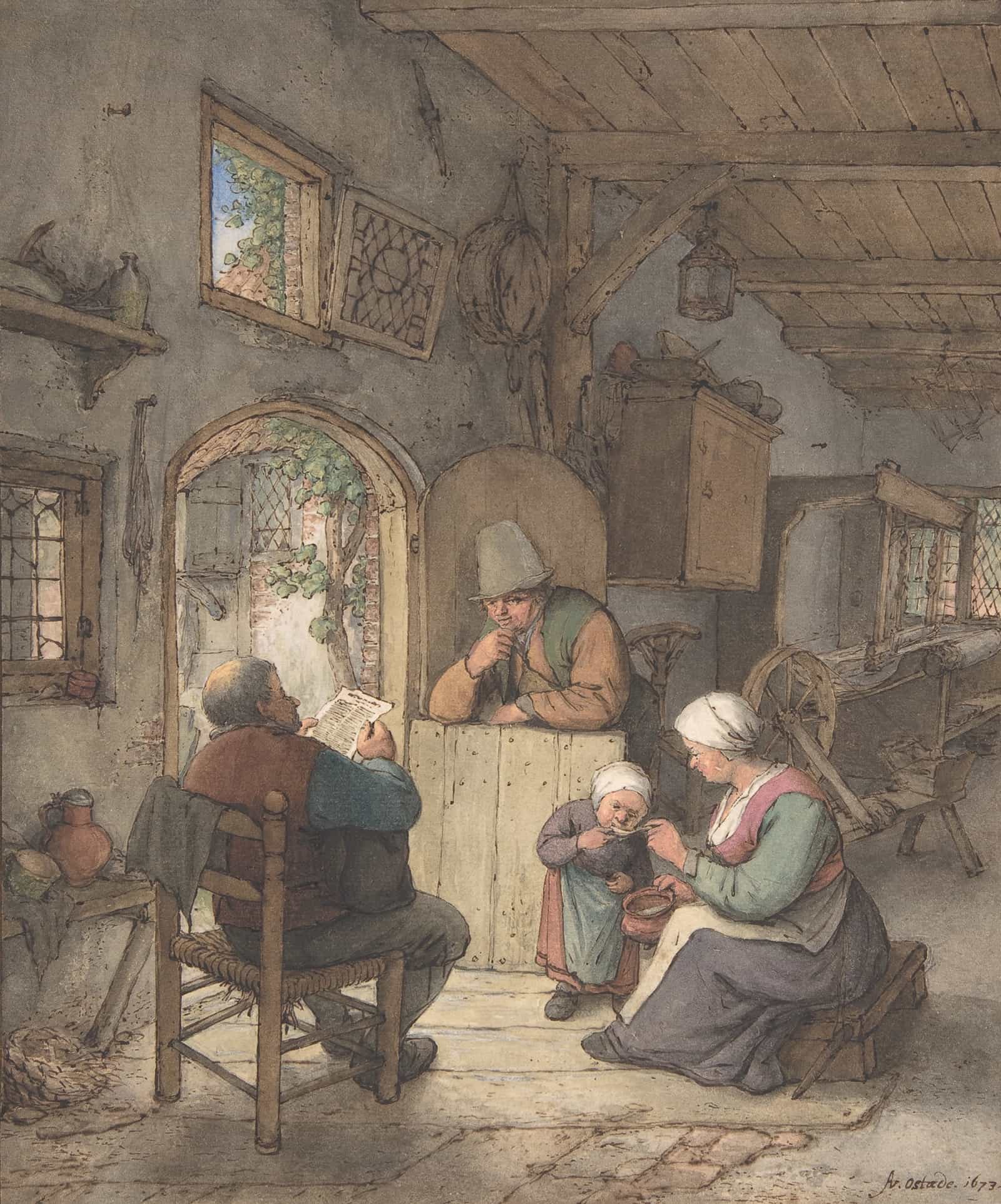 Reading The News At The Weavers Cottage by Adriaen Van Ostade