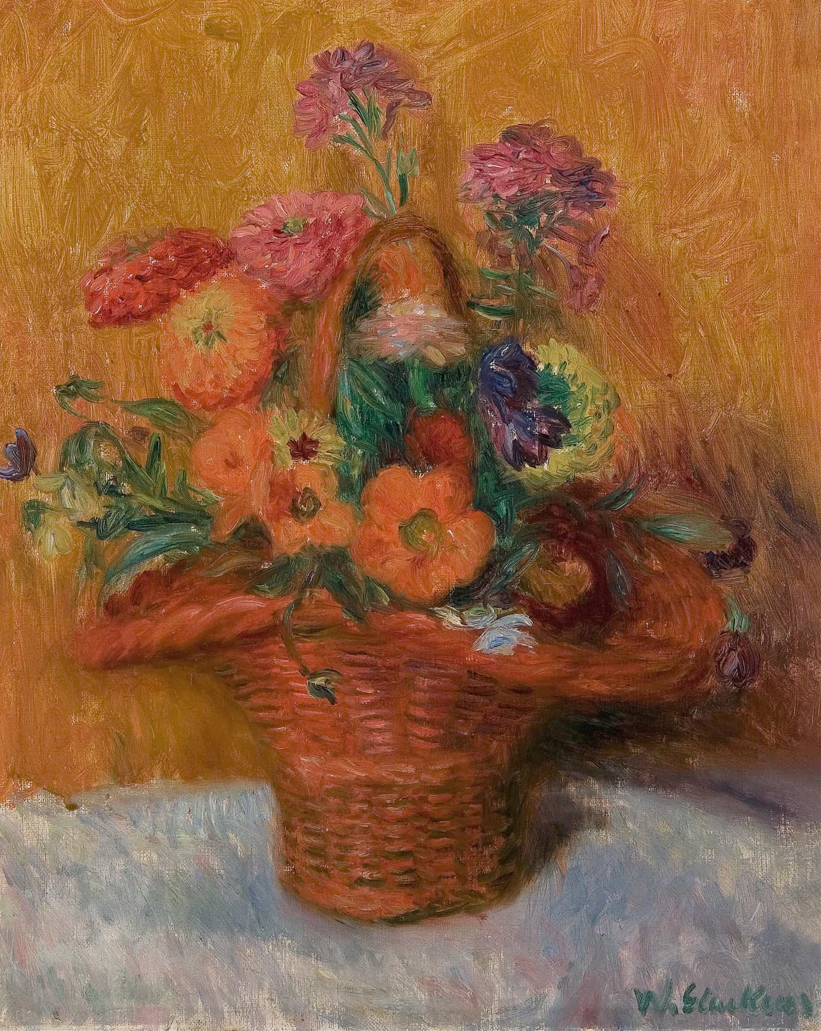 Red Basket Of Zinnias by William James Glackens