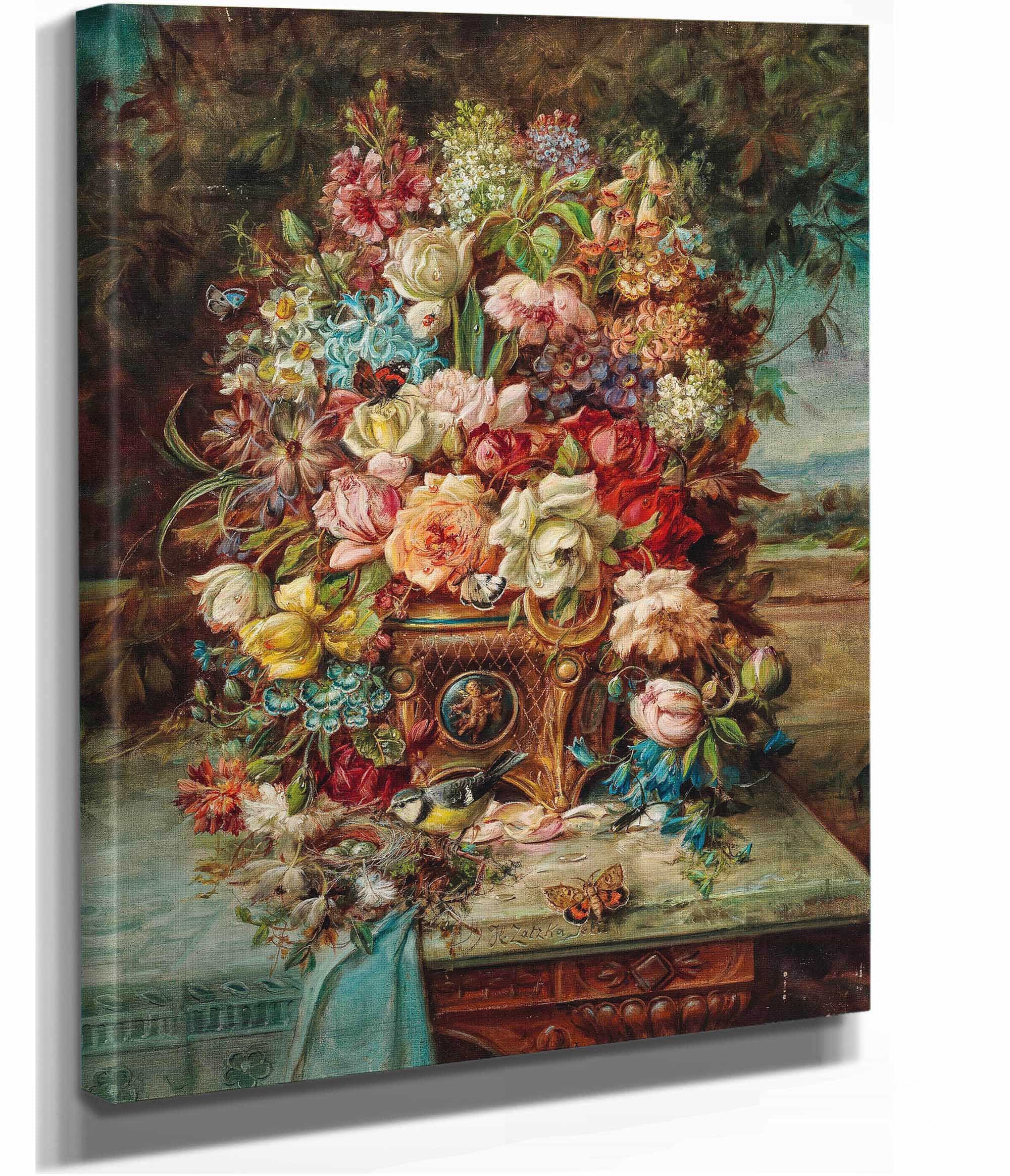 Reiches Blumenstillleben Mit Blaumeise Vor Einer Weiten Landschaft by Hans Zatzka
