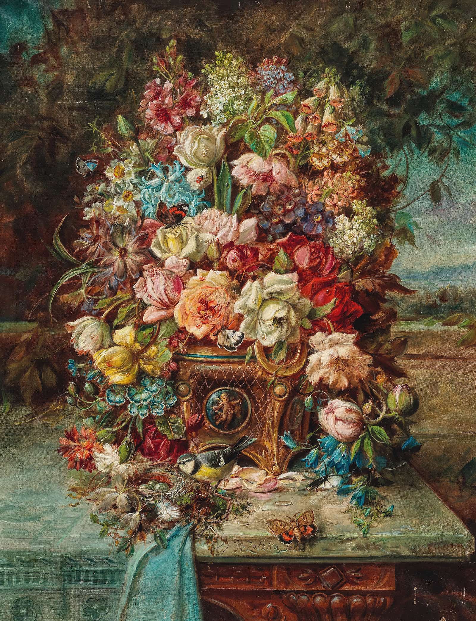 Reiches Blumenstillleben Mit Blaumeise Vor Einer Weiten Landschaft by Hans Zatzka