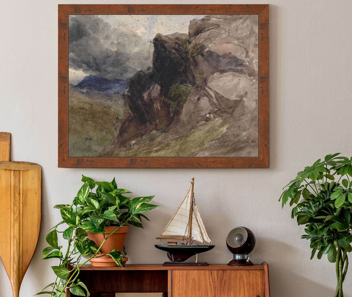 Rocky Landscape In Wales With Figure Drawing In The Foreground To The Right by David Cox