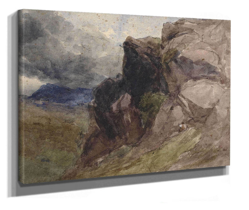 Rocky Landscape In Wales With Figure Drawing In The Foreground To The Right by David Cox