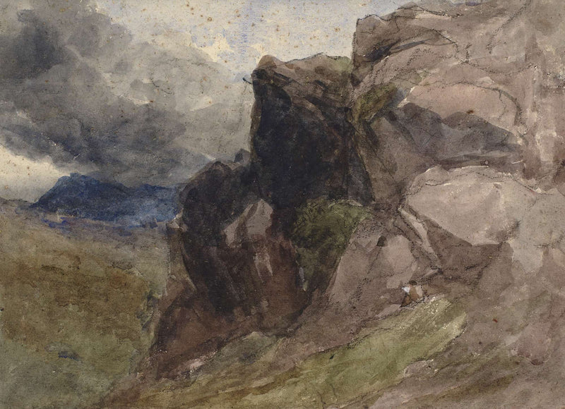 Rocky Landscape In Wales With Figure Drawing In The Foreground To The Right by David Cox