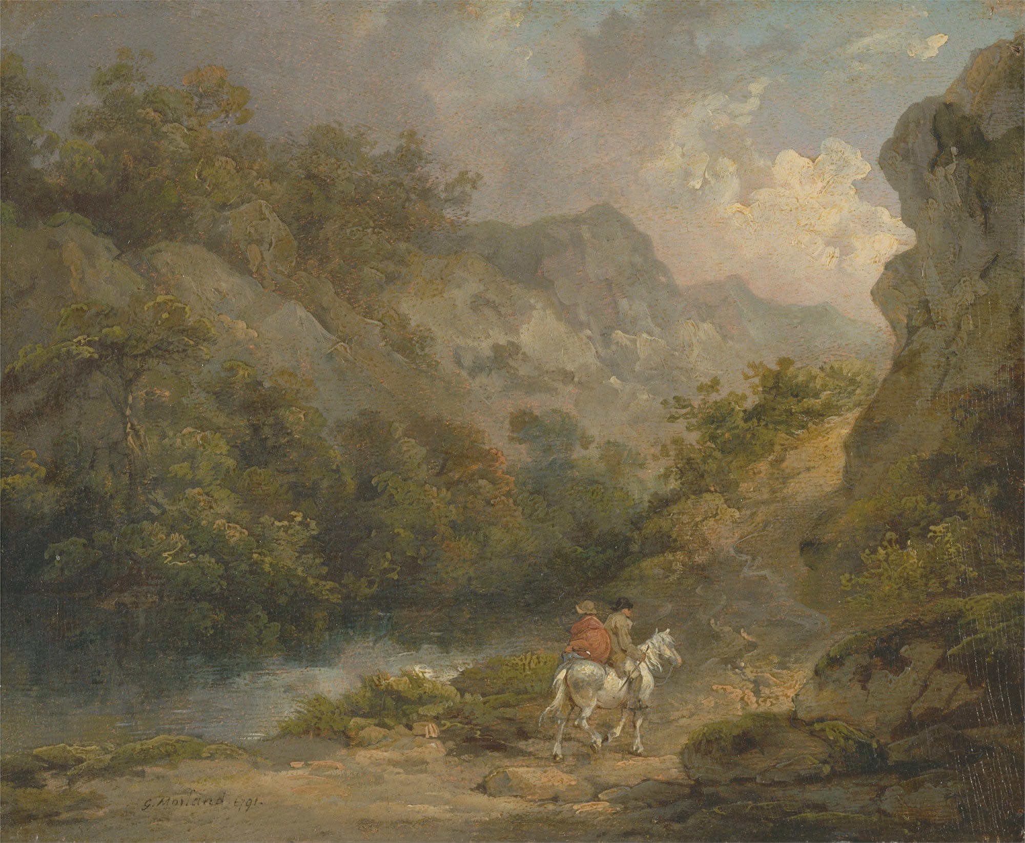 Rocky Landscape With Two Men On A Horse by George Morland