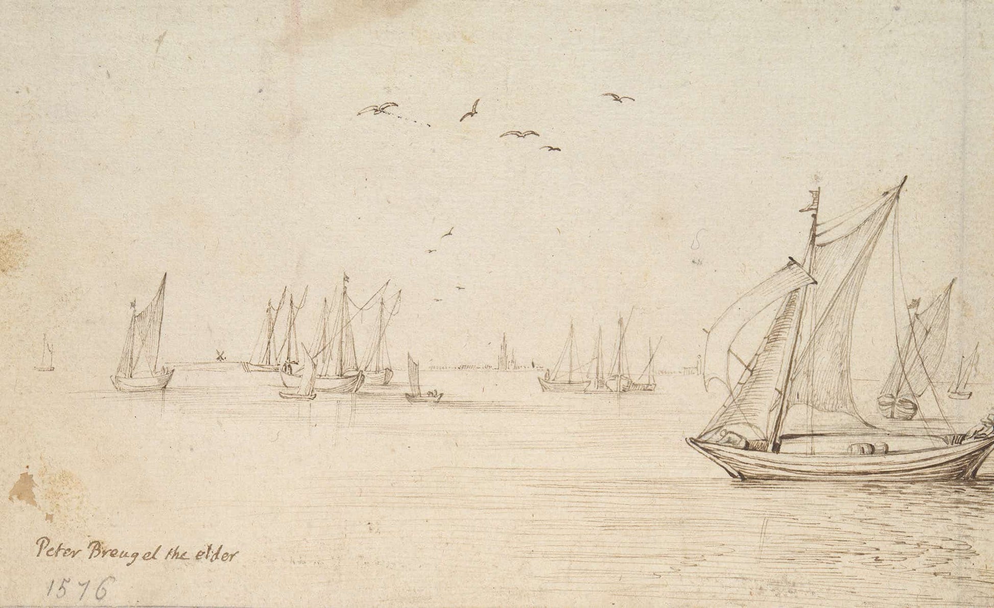 Sailboats A City In The Distance by Jan Brueghel The Elder