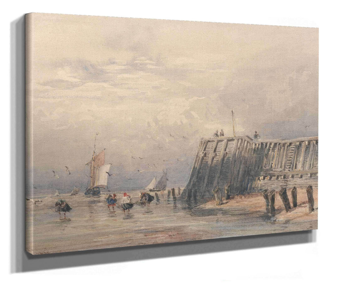 Sailing Barges And Shrimpers Off A Pier by David Cox