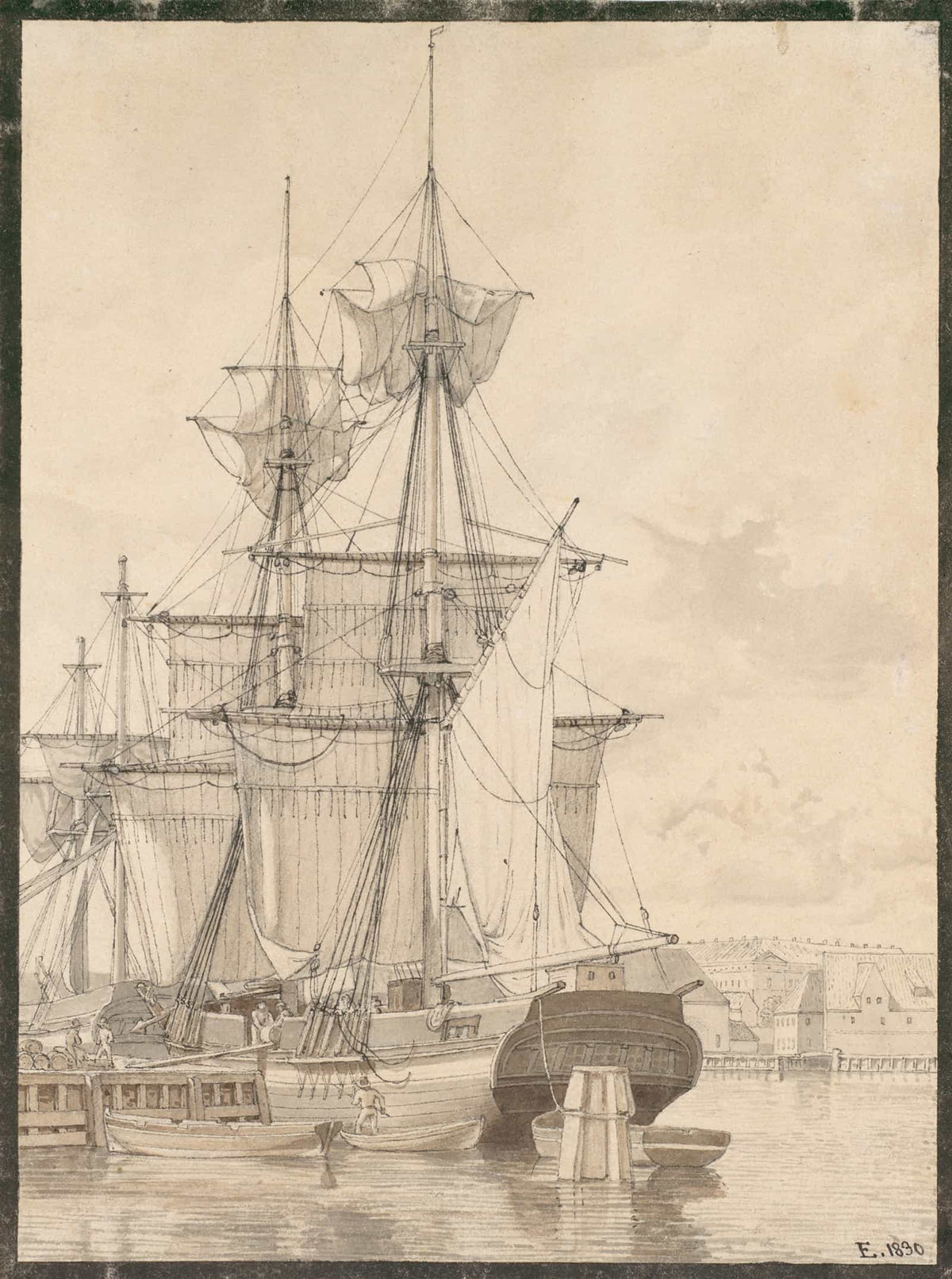 Sailing Vessels At Wilders Plads Copenhagen by Christoffer Wilhelm Eckersberg