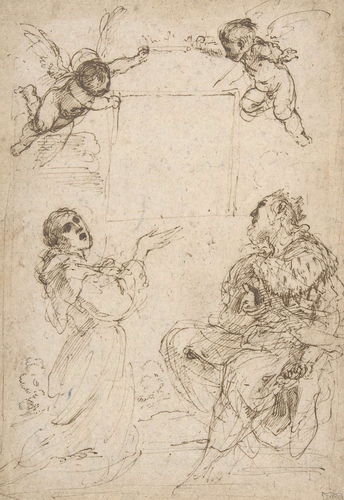 Saint Francis Of Assisi And Saint Louis Of France Venerating An Image Of The Virgin by Guercino
