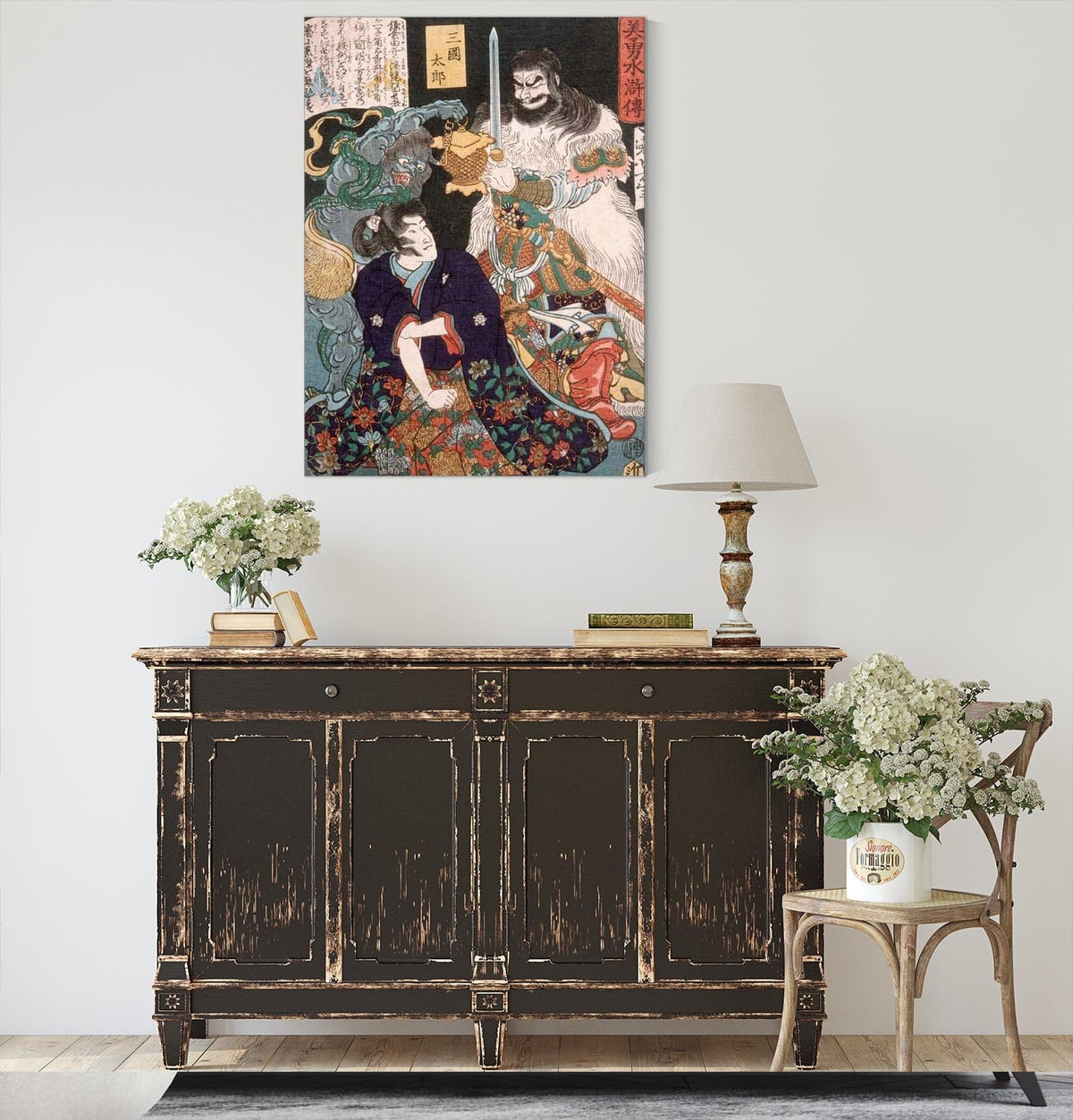 Sangoku Taro Kneeling Before Demon And Warrior by Tsukioka Yoshitoshi