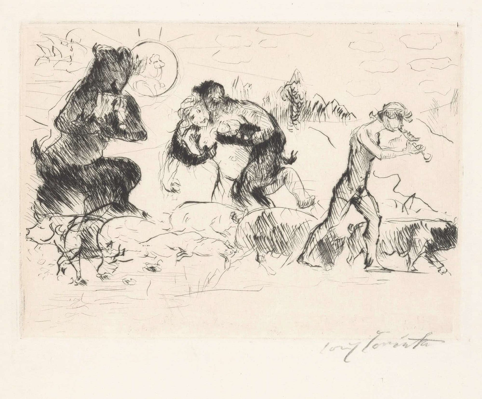 Saters Een Nimf Een Faun En Een Toom Varkens by Lovis Corinth