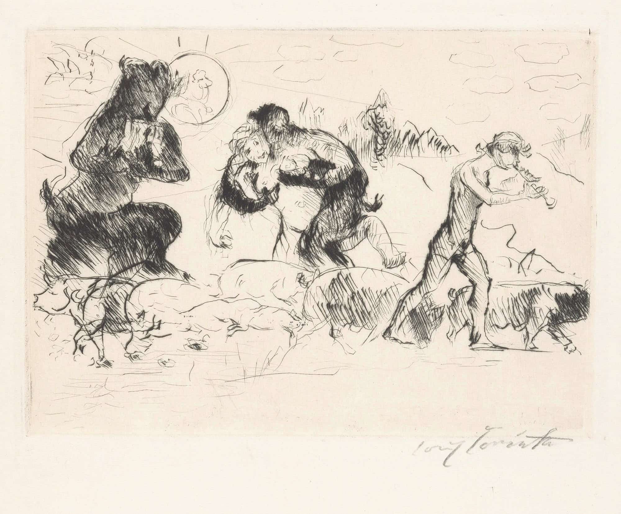 Saters Een Nimf Een Faun En Een Toom Varkens by Lovis Corinth