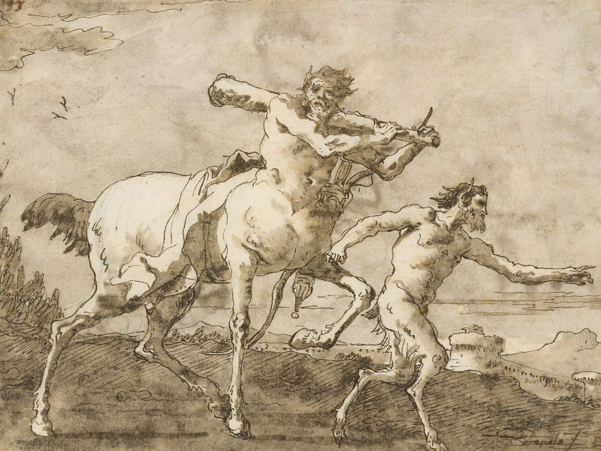 Satyr Leading A Centaur Who Carries A Club Bow And Quiver by Giovanni Domenico Tiepolo