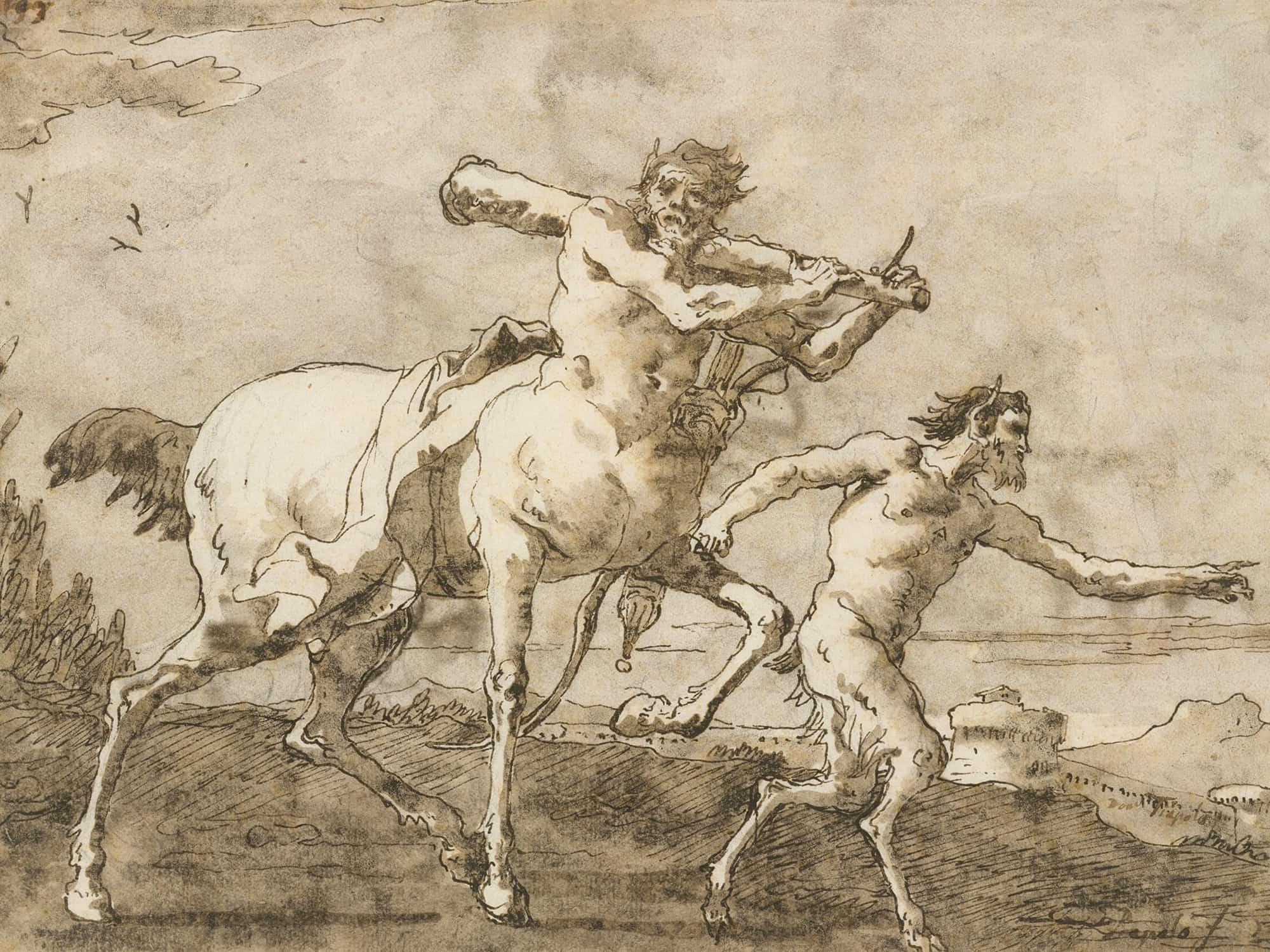 Satyr Leading A Centaur Who Carries A Club Bow And Quiver by Giovanni Domenico Tiepolo