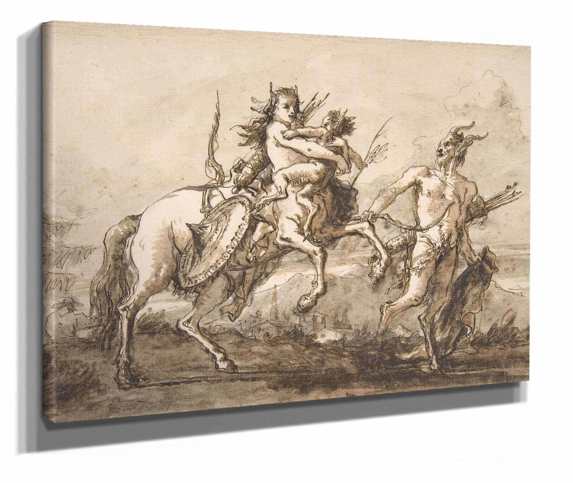 Satyr Leading A Centauress Who Holds A Satyr Child  by Giovanni Domenico Tiepolo
