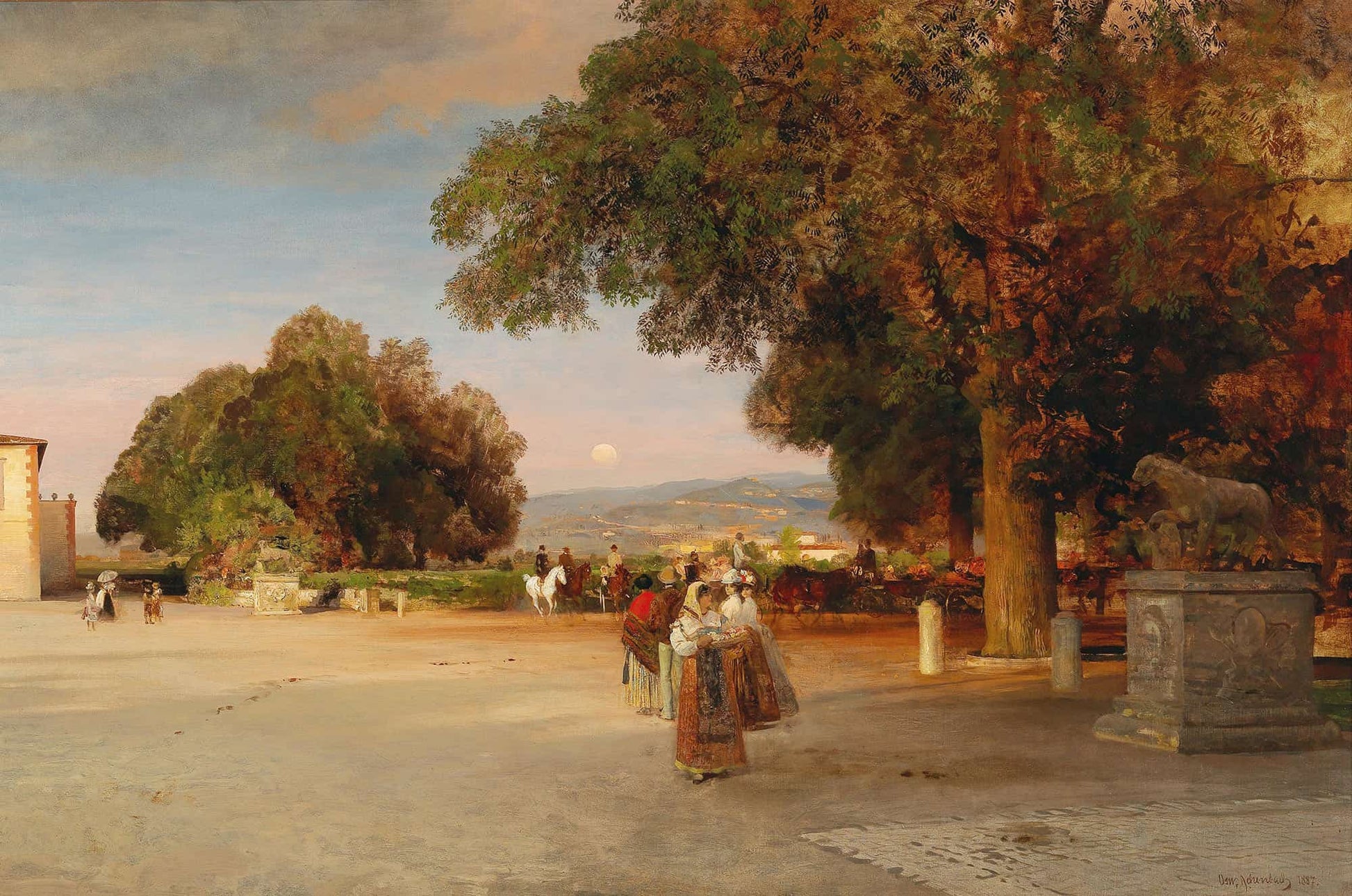 Scene At Dusk On The Terrace Of Villa Grazioli In Grottaferrata by Oswald Achenbach