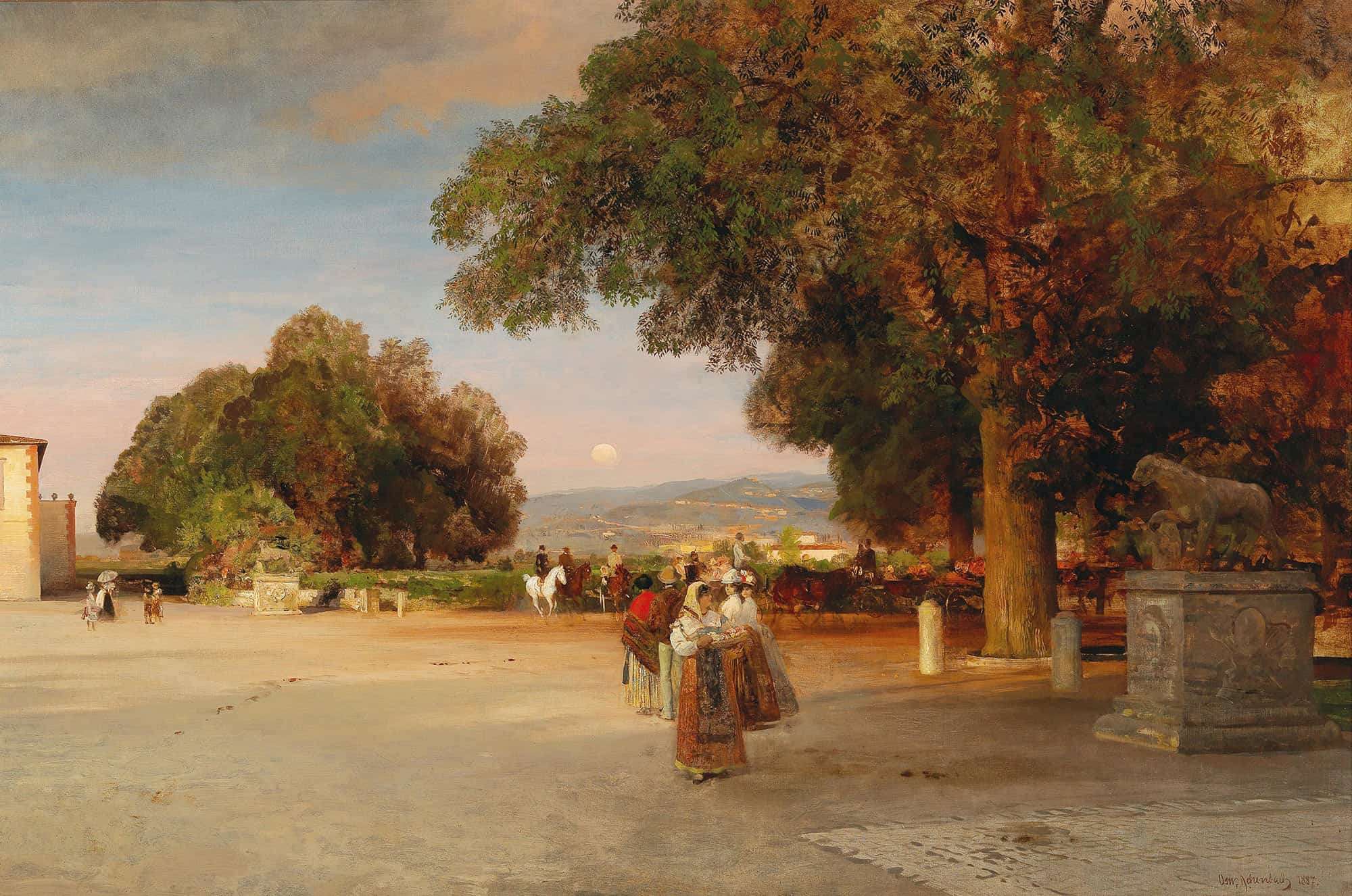 Scene At Dusk On The Terrace Of Villa Grazioli In Grottaferrata by Oswald Achenbach
