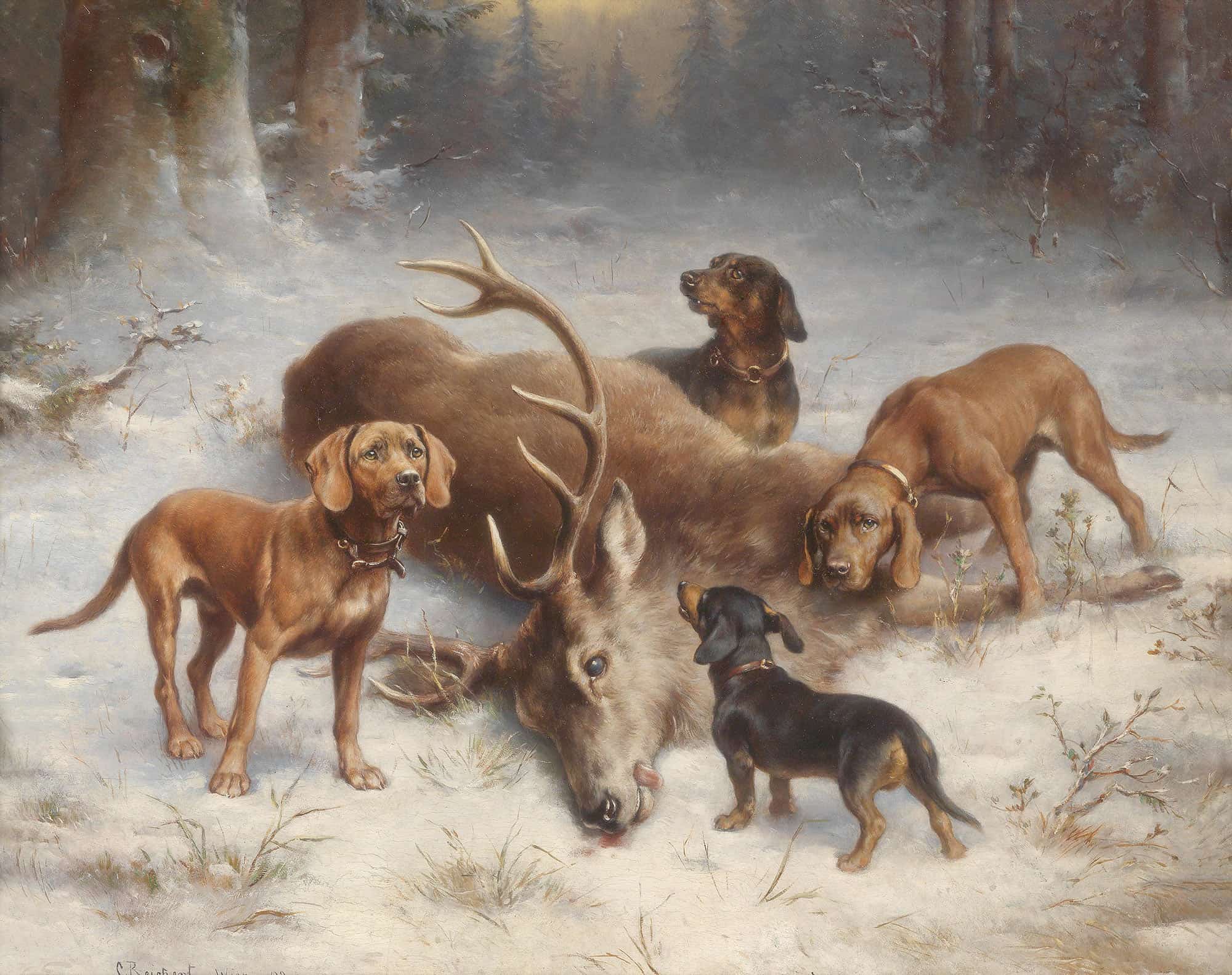 Schweibhunde Mit Erlegtem Hirsch by Carl Reichert