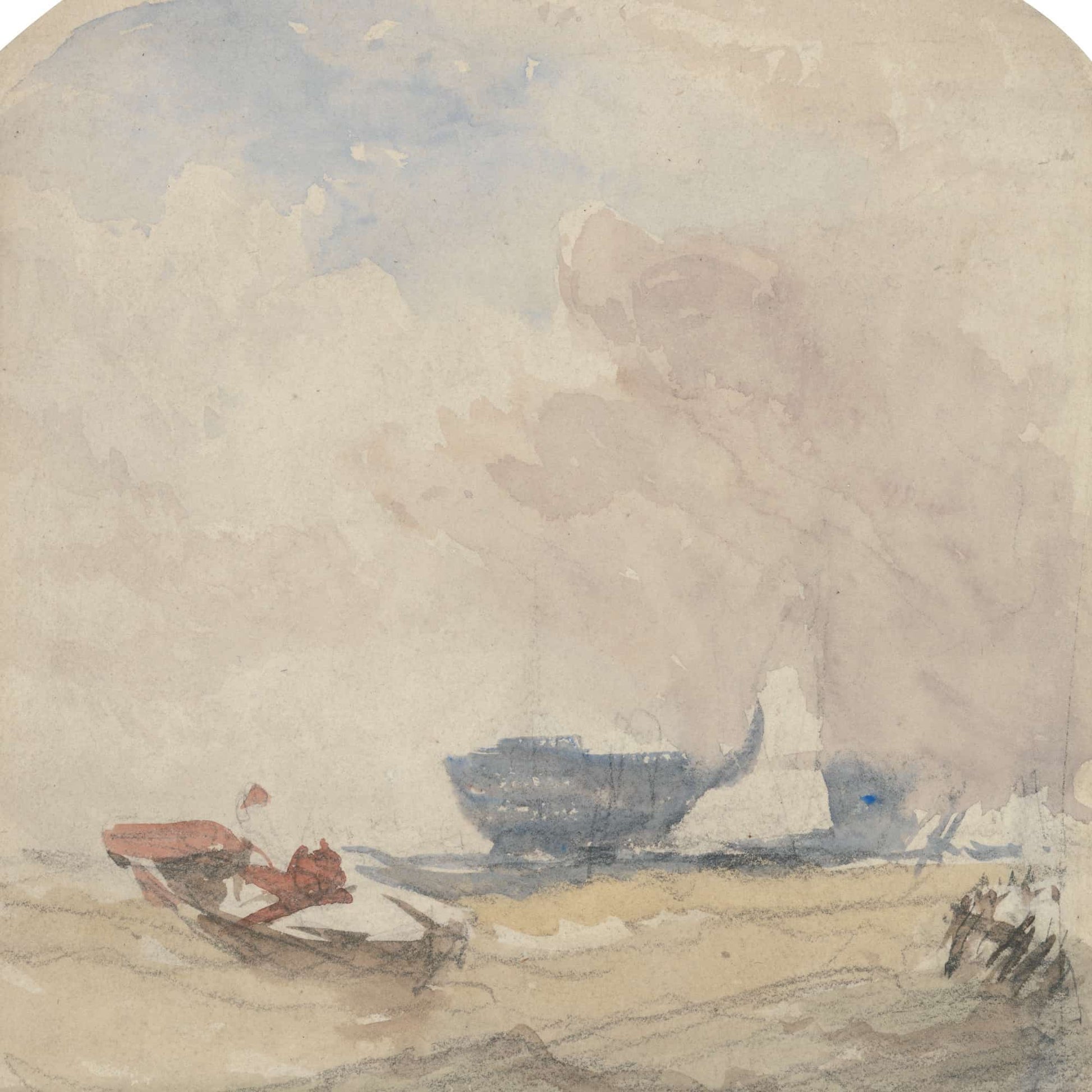 Sea Study With Hulk Sailing Boat And Rowing Boat S by David Cox