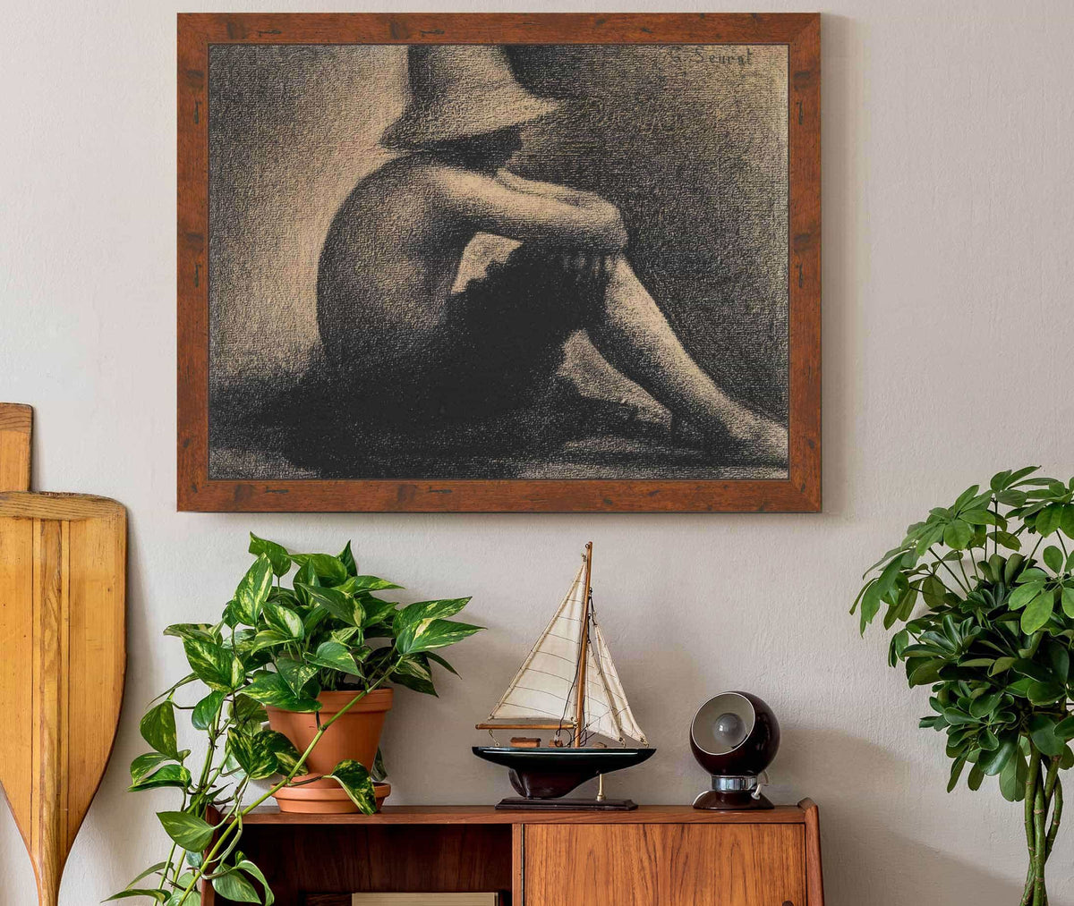 Seated Boy With Straw Hat Study For Bathers At Asnieres  by Georges Seurat