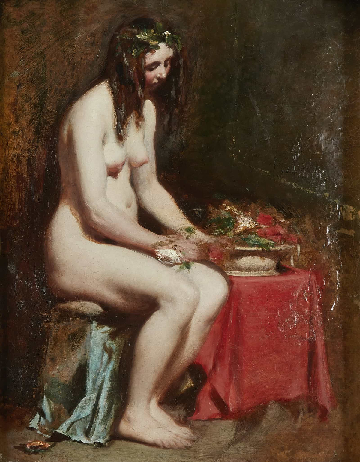 Seated Female Nude With Flowers In Her Hair And A Still Life By Her Side by William Etty