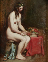 Seated Female Nude With Flowers In Her Hair And A Still Life By Her Side by William Etty