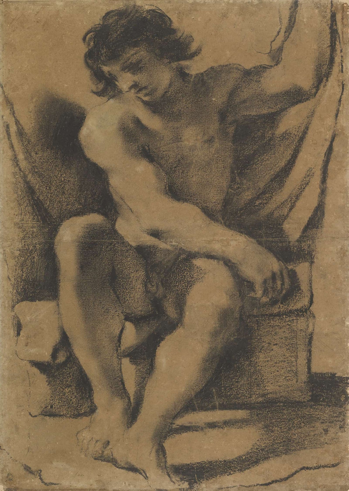 Seated Nude Young Man In Nearly Frontal View by Guercino