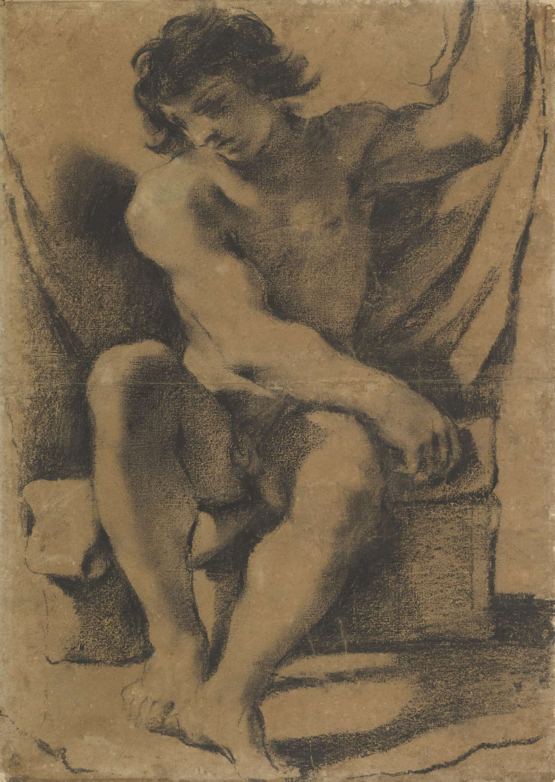 Seated Nude Young Man In Nearly Frontal View by Guercino