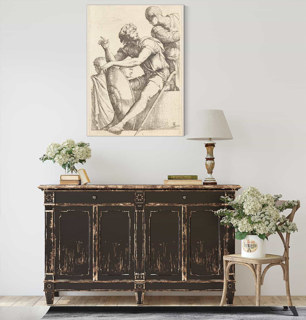 Seated Soldier With Shield And Two Other Figures  by Salvator Rosa