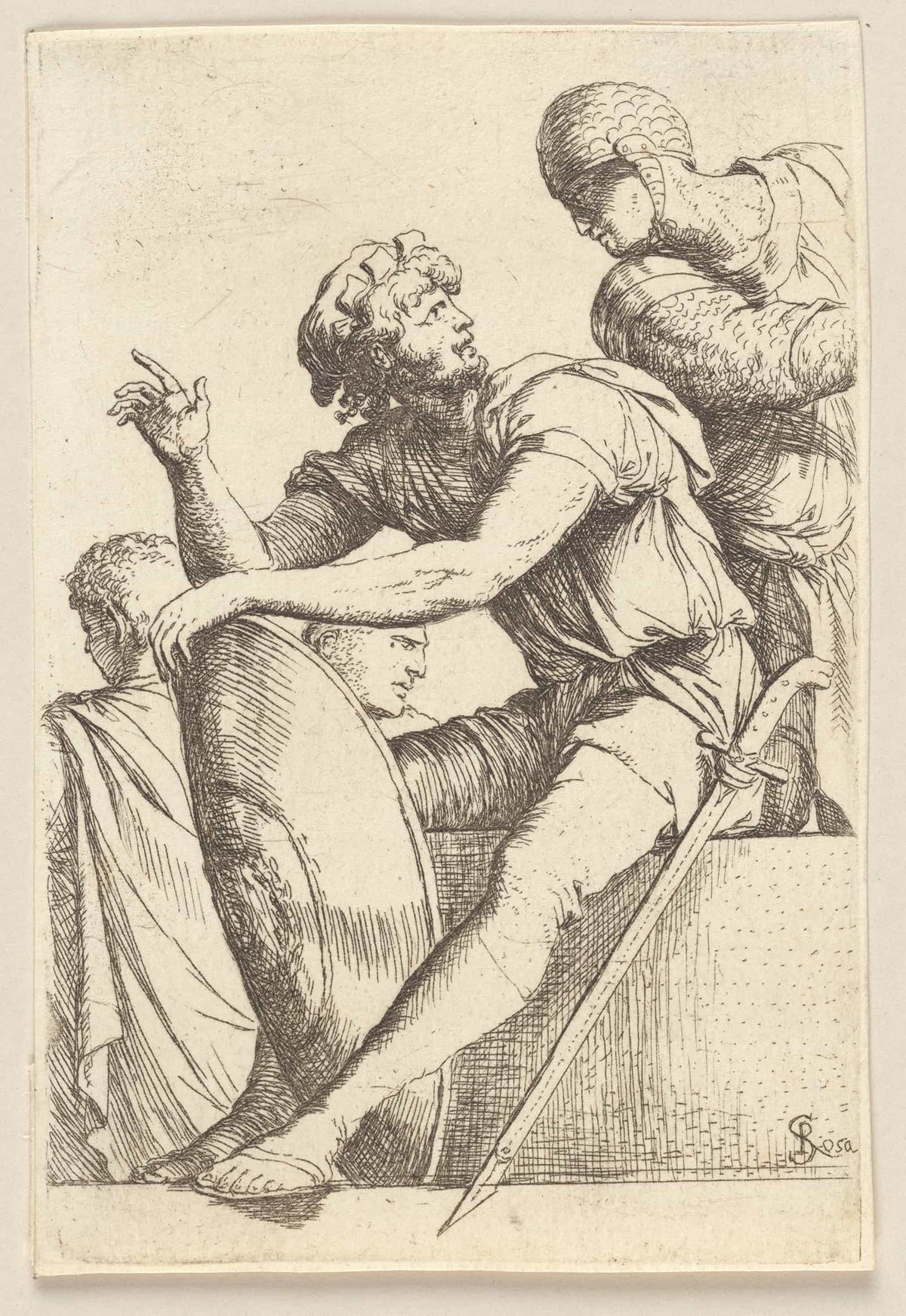 Seated Soldier With Shield And Two Other Figures  by Salvator Rosa