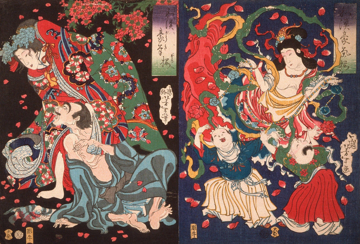 Seigen And Sakurahime Angel With Two Children by Tsukioka Yoshitoshi