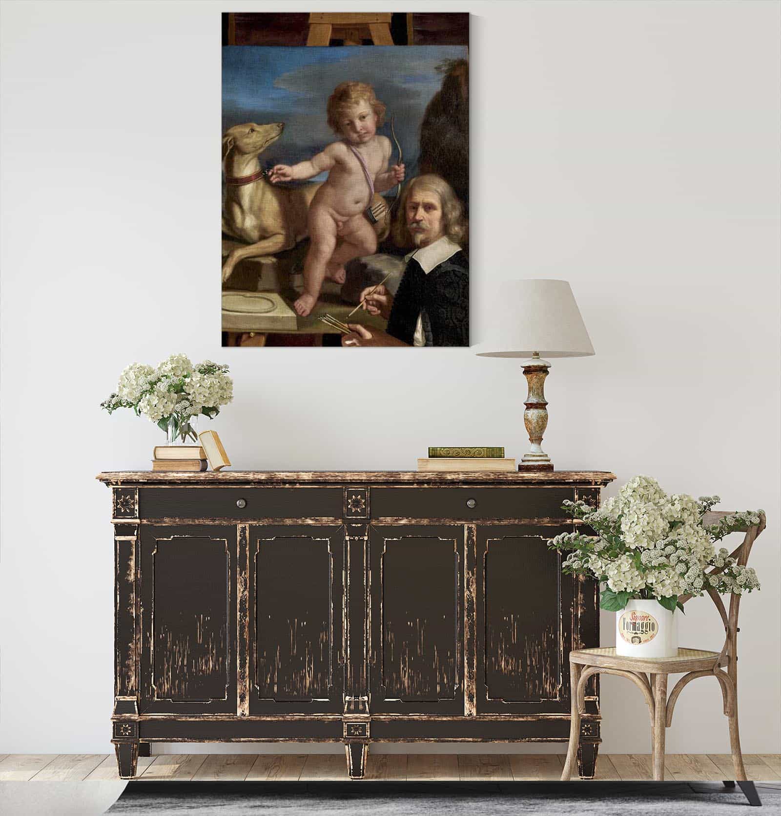Self Portrait Before A Painting Of Amor Fedele by Guercino