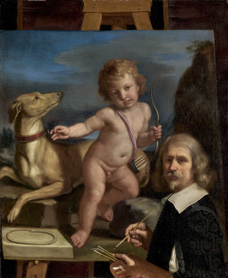 Self Portrait Before A Painting Of Amor Fedele by Guercino