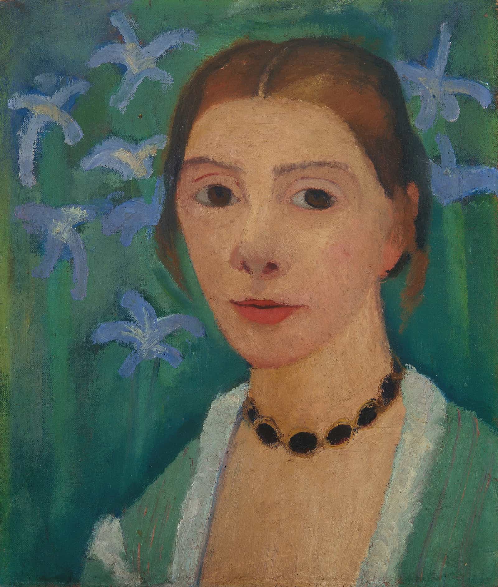 Self Portrait In Front Of A Green Background With A Blue Iris Between And by Paula Modersohn Becker