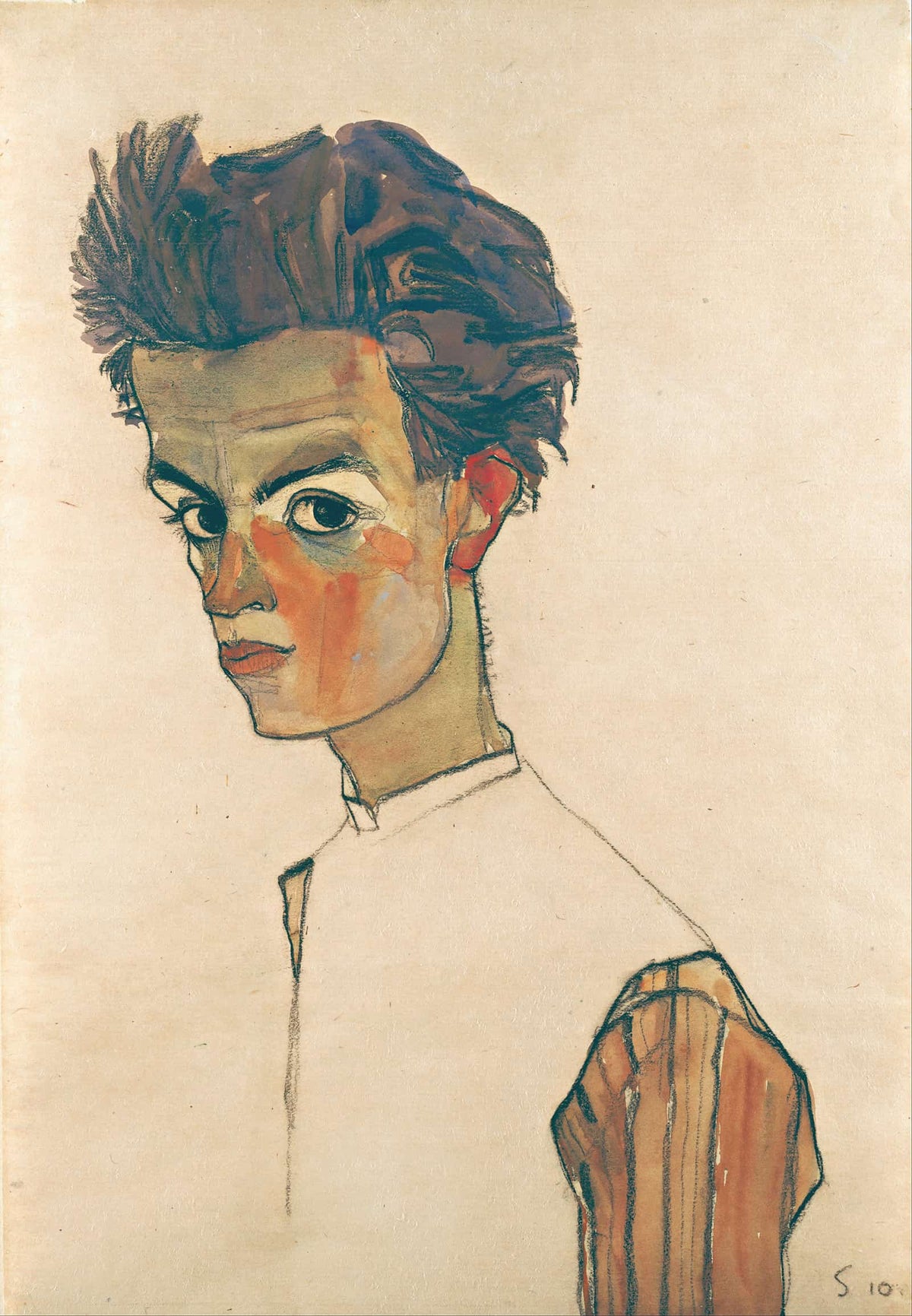 Self Portrait With Striped Shirt by Egon Schiele