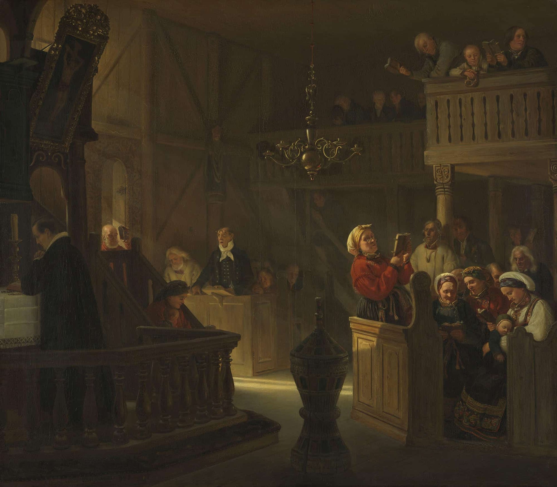 Service In A Norwegian Country Church by Adolph Tidemand