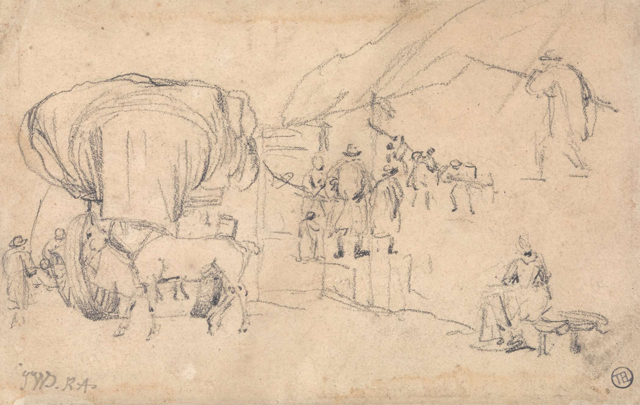 Sheet Of Sketches Wagon Horse Milkmaid And Other Figure Studies by James Ward