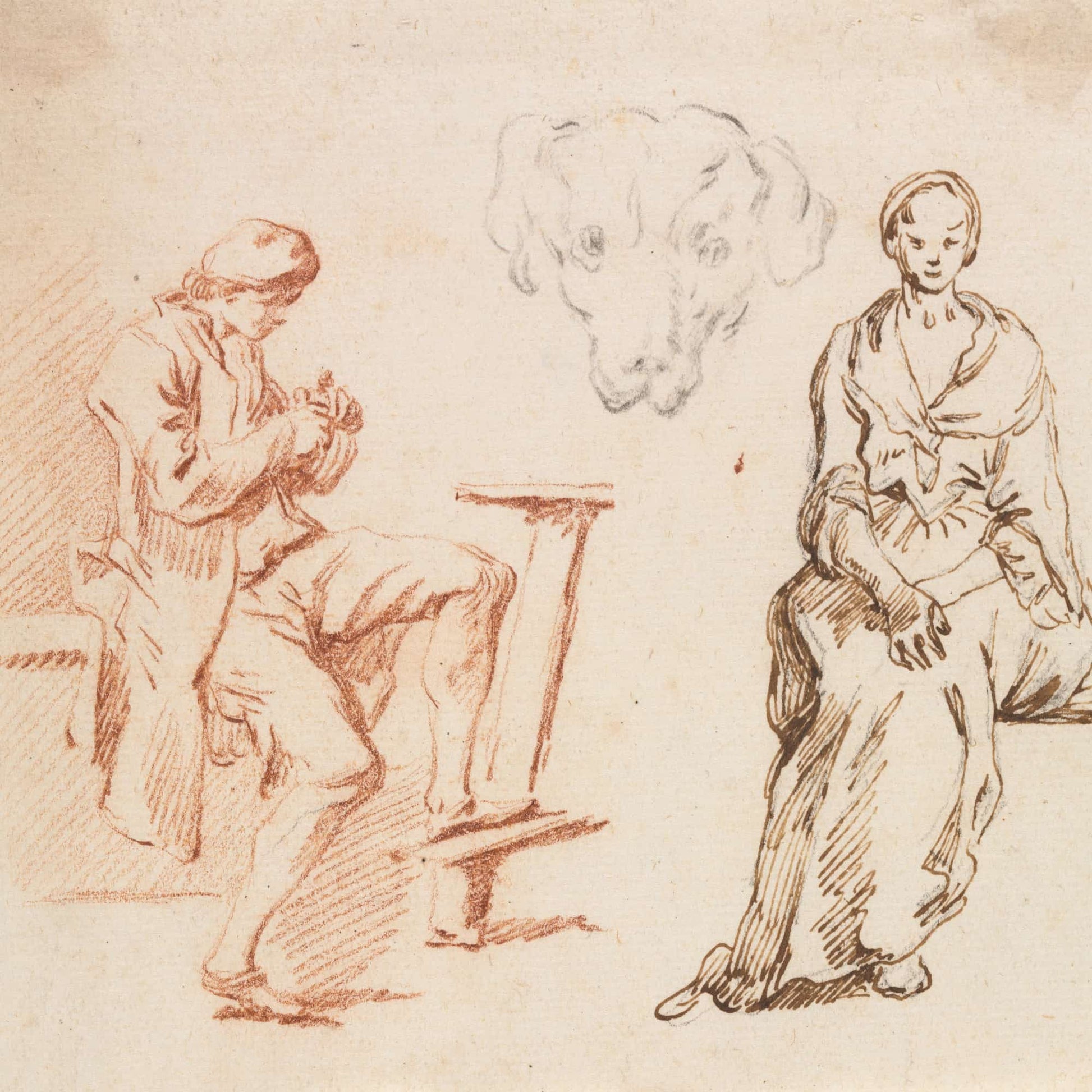 Sheet Of Studies Seated Man Head Of A Dog Seated Woman S by Claude Joseph Vernet
