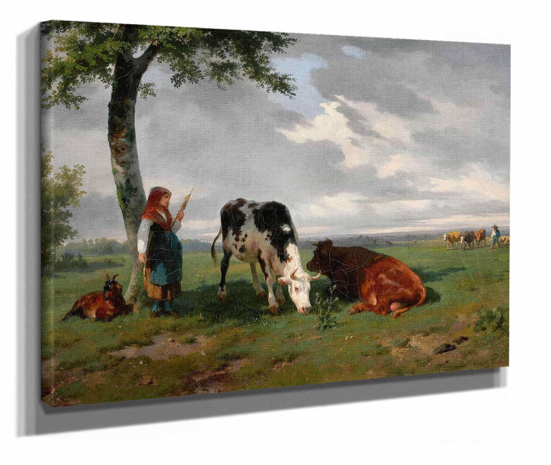 Shepherdess And Two Cows In A Meadow by Rosa Bonheur