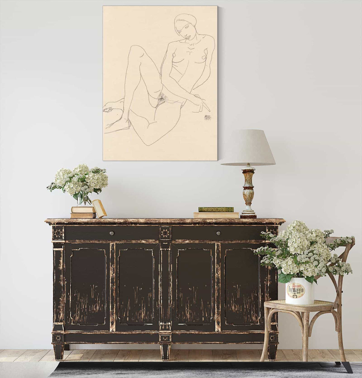 Sitzender Weiblicher Akt Mit Gegratschten Beinen by Egon Schiele