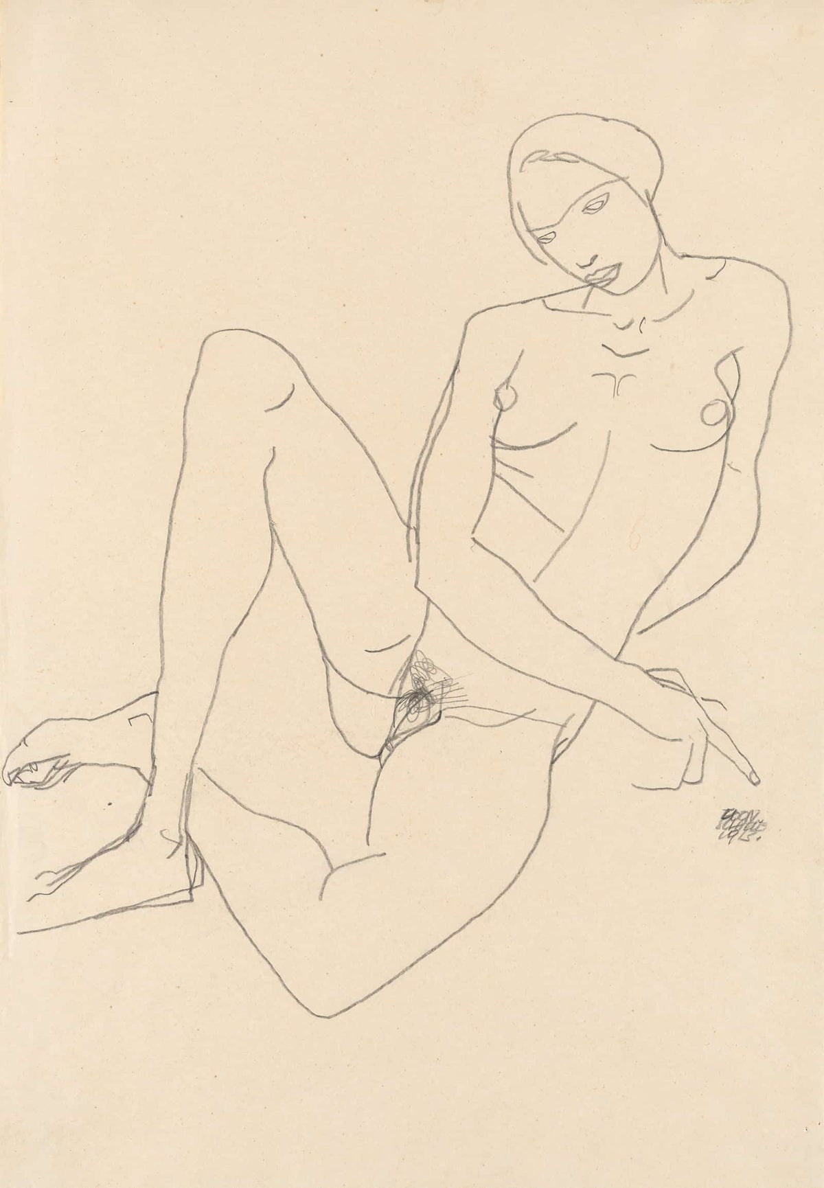 Sitzender Weiblicher Akt Mit Gegratschten Beinen by Egon Schiele