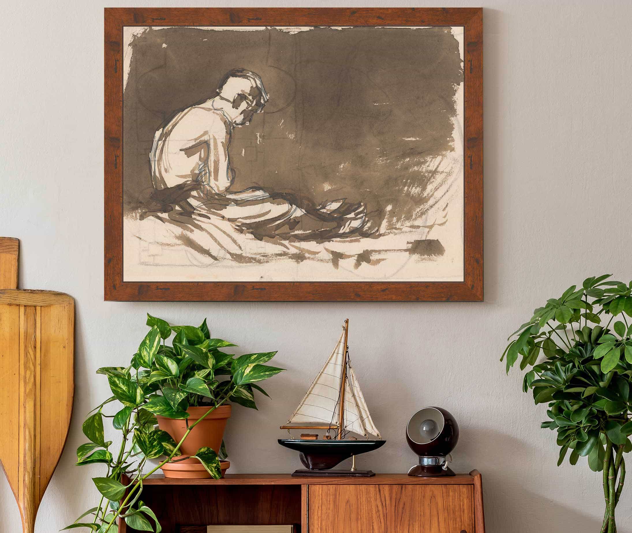 Sketch Of A Man Sitting Half Naked From A Side View In Prison I by Ladislav Mednyanszky