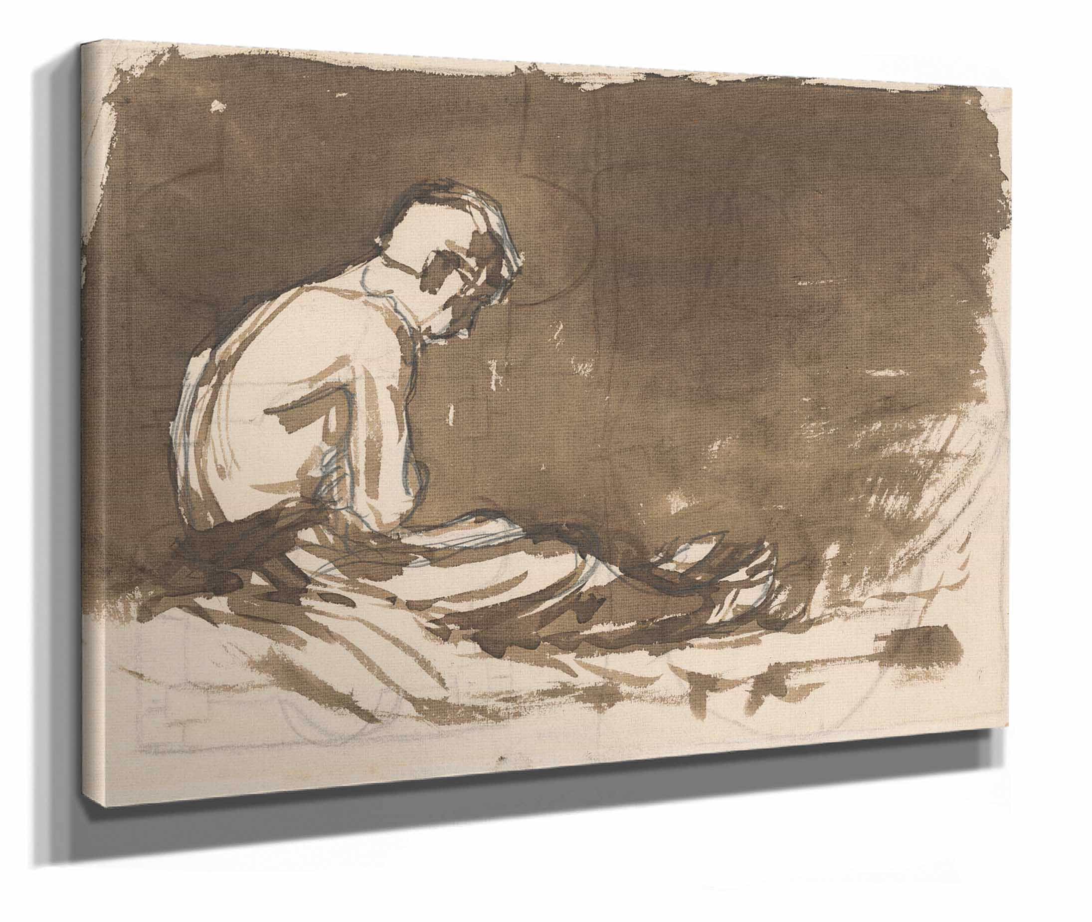 Sketch Of A Man Sitting Half Naked From A Side View In Prison I by Ladislav Mednyanszky