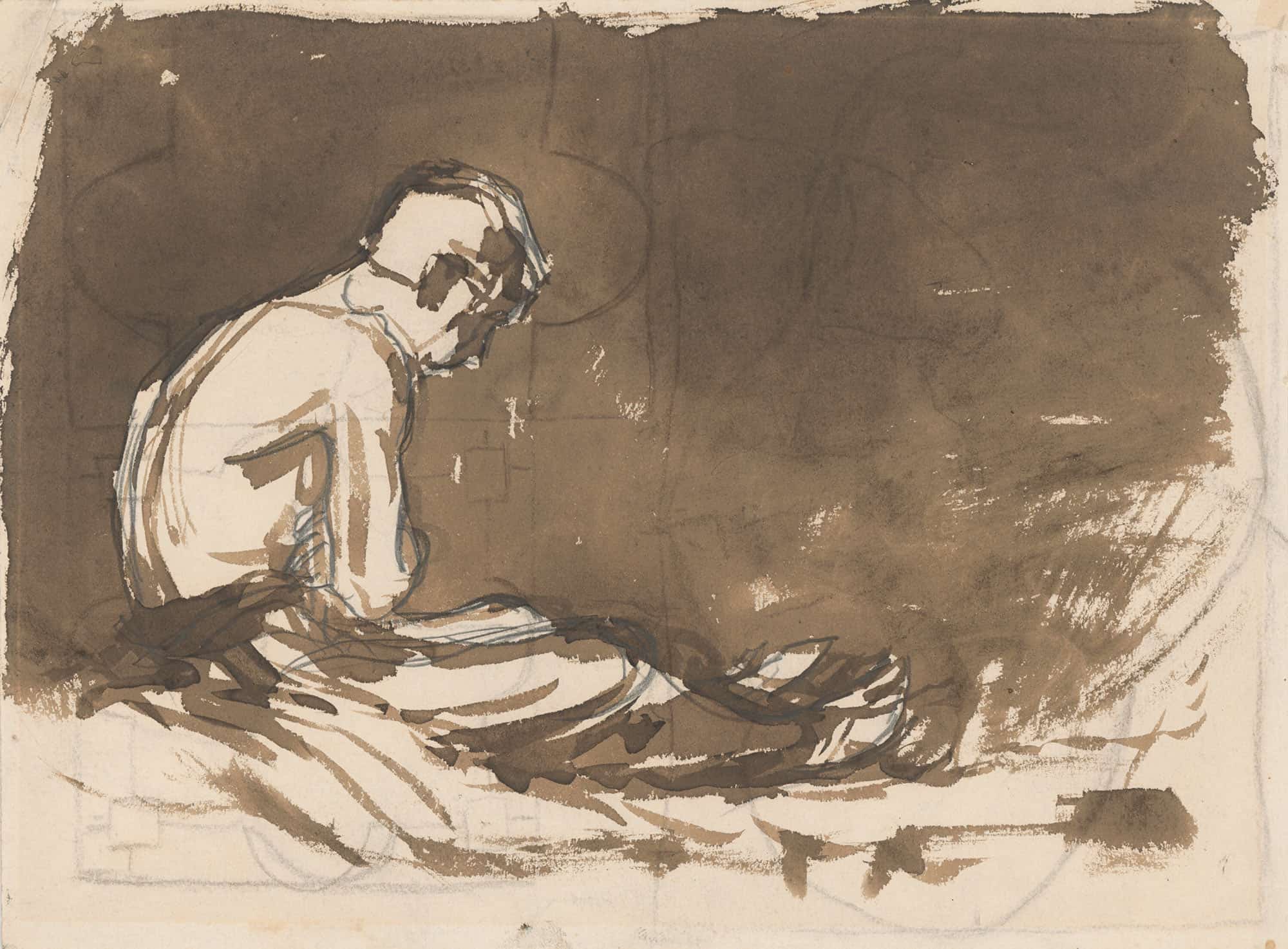 Sketch Of A Man Sitting Half Naked From A Side View In Prison I by Ladislav Mednyanszky