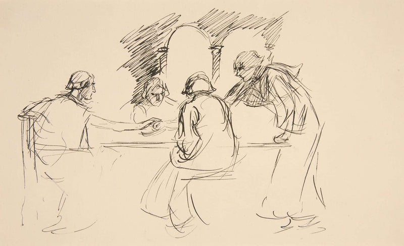 Sketch Of Four Men In Medieval Dress At A Table Unidentified Illustration Possibly For Loves Labours Lost The Kings Quandary by Edwin Austin Abbey