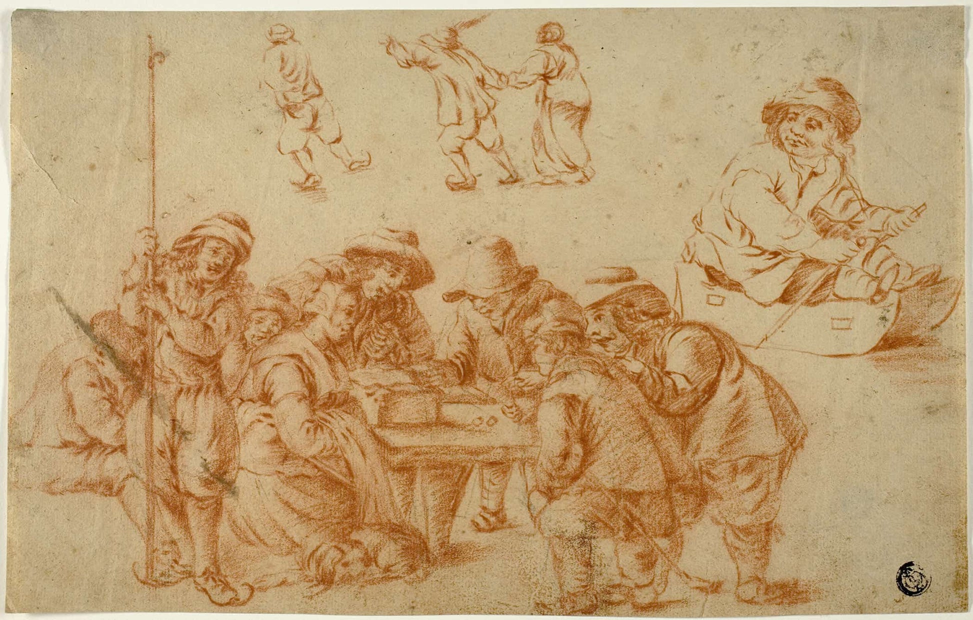 Sketches Of Peasants Playing Dice And Skating Sketch Of Boy On Sled By Adriaen Van Ostade