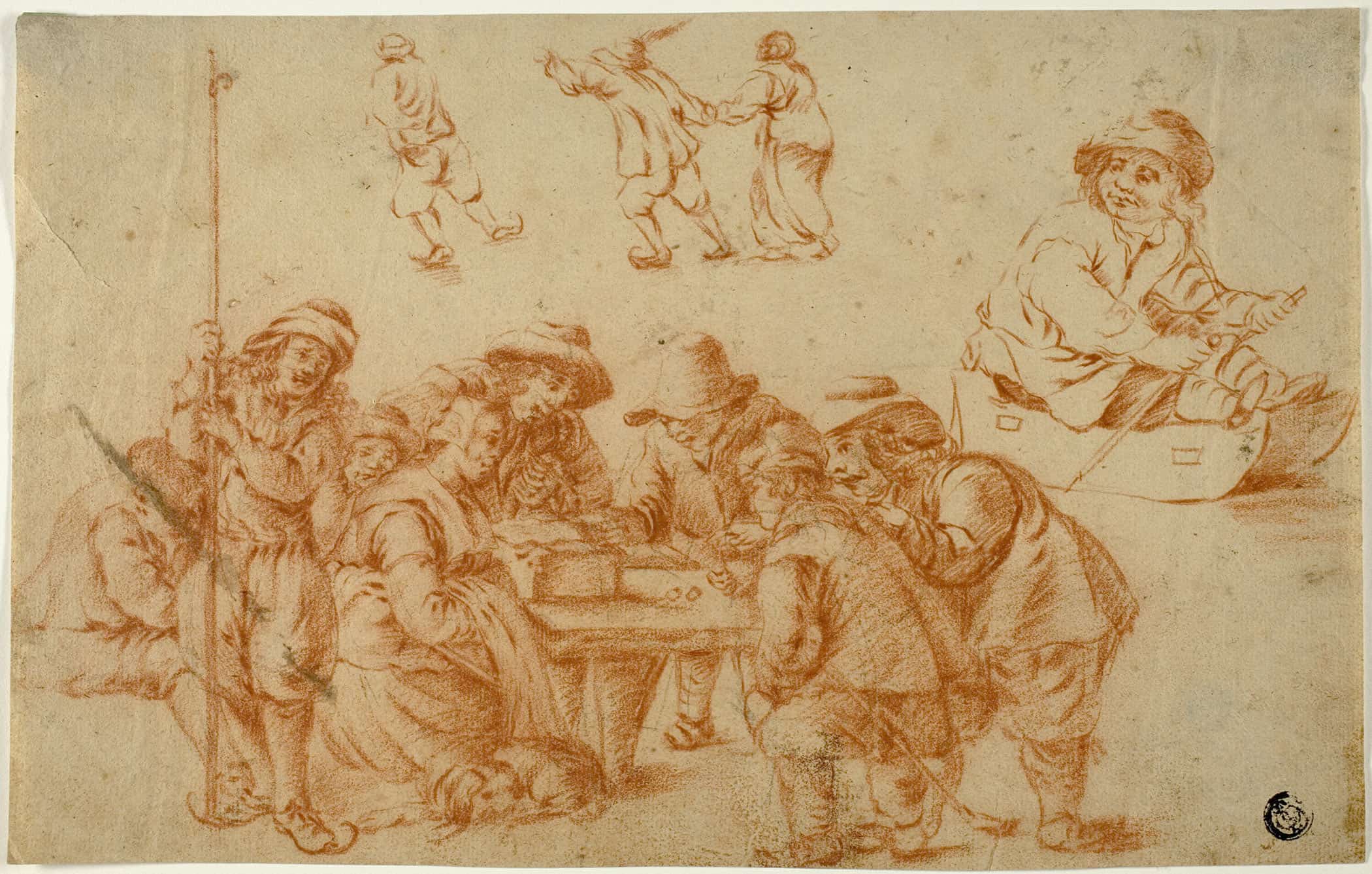 Sketches Of Peasants Playing Dice And Skating Sketch Of Boy On Sled By Adriaen Van Ostade