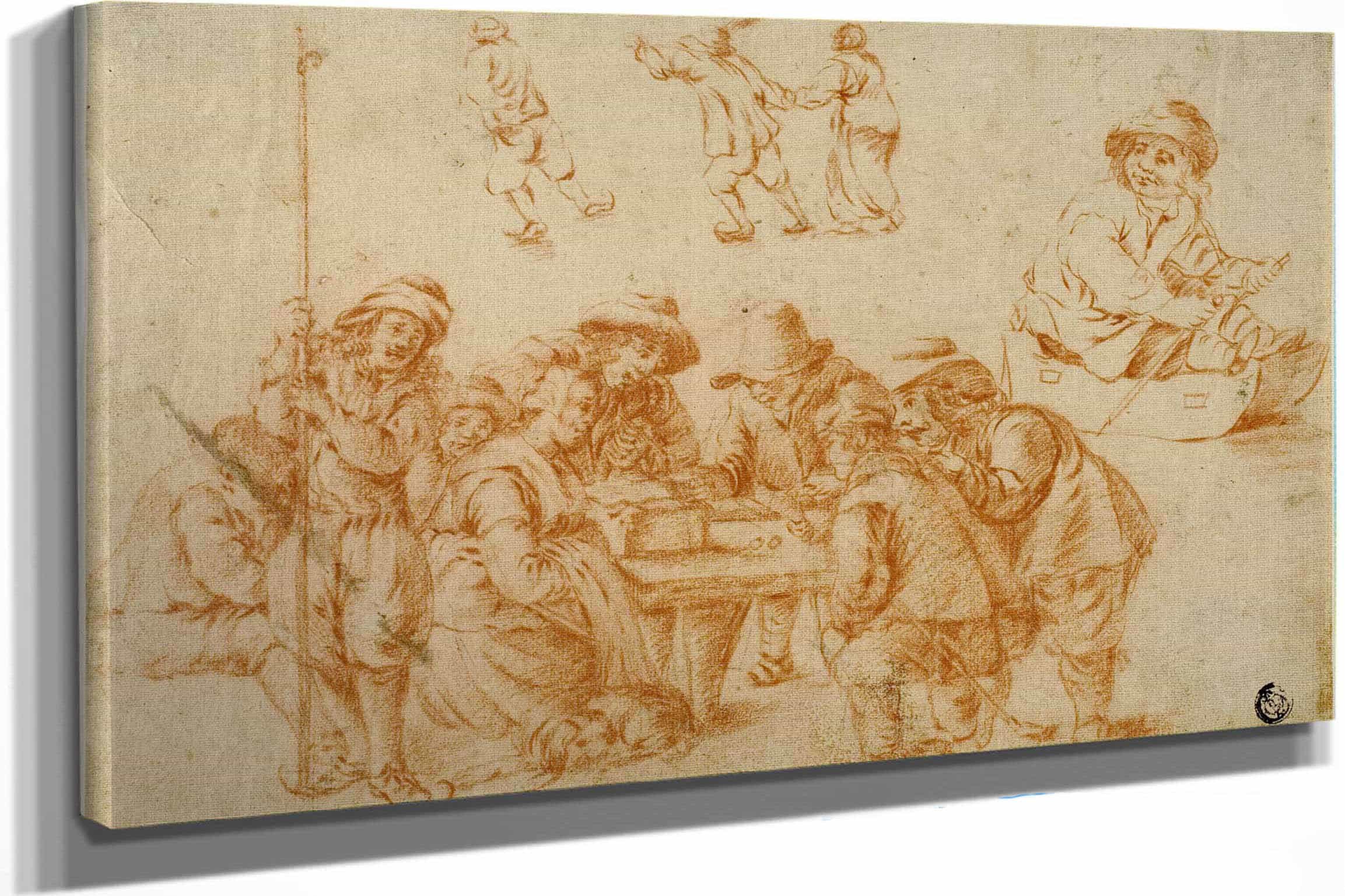 Sketches Of Peasants Playing Dice And Skating Sketch Of Boy On Sled By Adriaen Van Ostade
