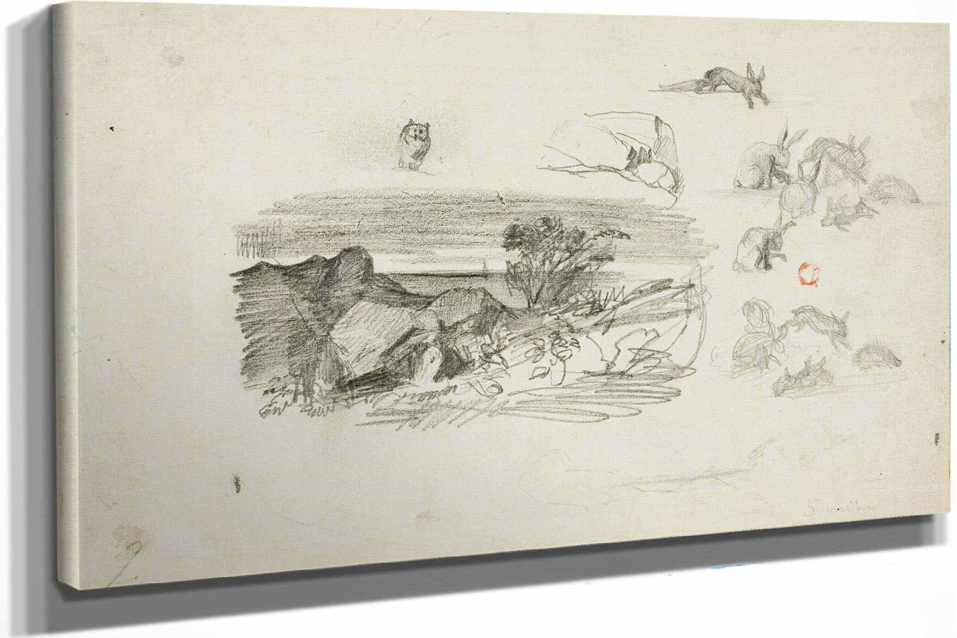 Sketches Rocky Setting And Rabbits by Charles Francois Daubigny