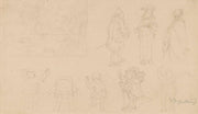 Skizzenblatt Mit Figurenskizzen Darunter Gnome Sowie Gartenkomposition Mit Tor Haus Hund Und Baumen by Carl Spitzweg