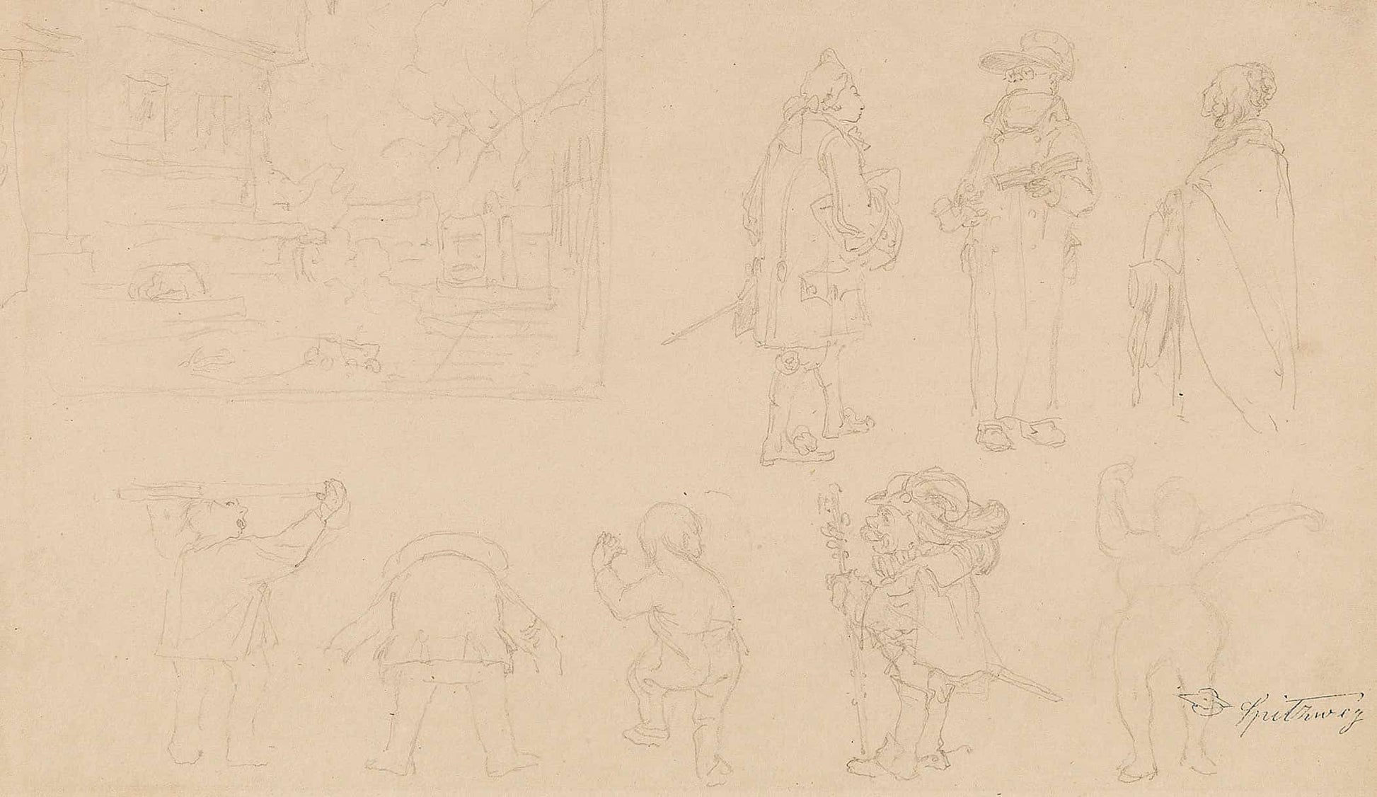 Skizzenblatt Mit Figurenskizzen Darunter Gnome Sowie Gartenkomposition Mit Tor Haus Hund Und Baumen by Carl Spitzweg